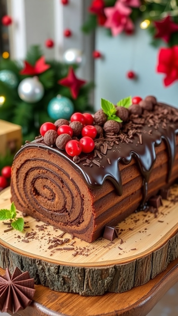Gluten-Free Christmas Yule Log Cake Recipe Gluten-free Yule log cake with chocolate ganache and festive decorations on a wooden table.